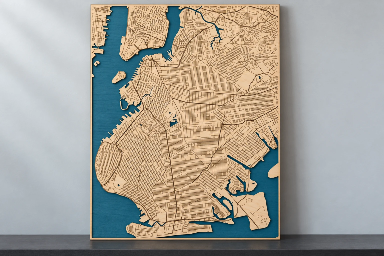 Simulated Brooklyn birch street map with blue water, displayed on a studio shelf