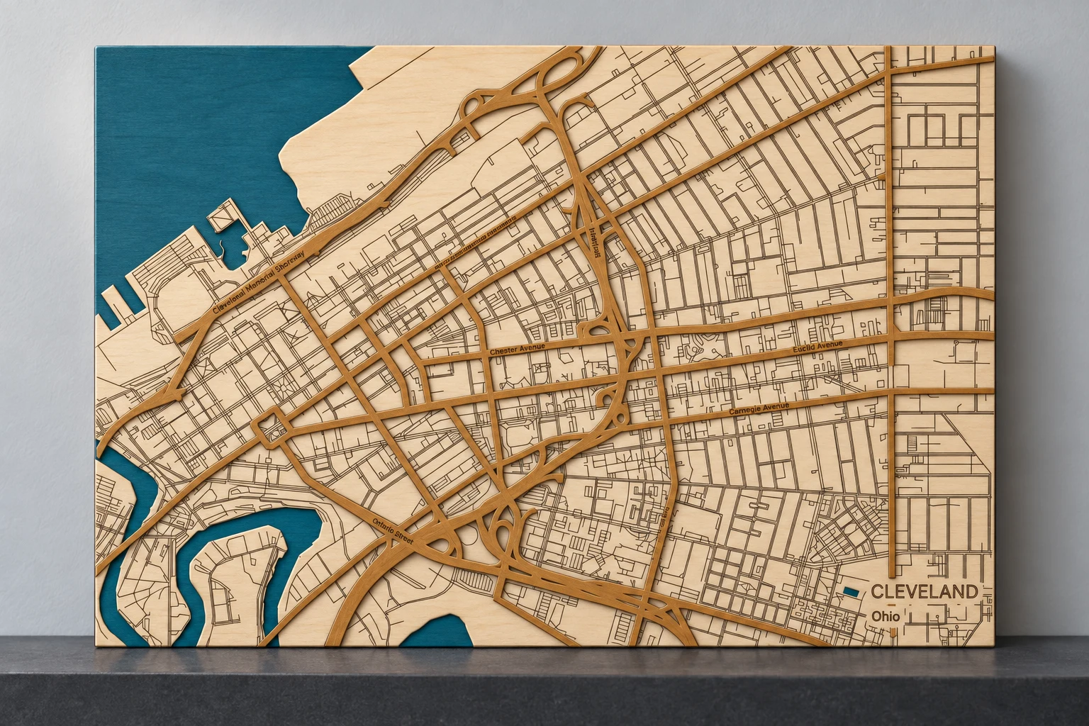 Simulated Cleveland wood map with raised golden streets over pale engraved birch and blue water