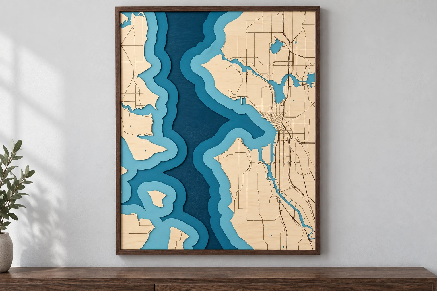 Simulated Puget Sound layered wood map displayed above a console