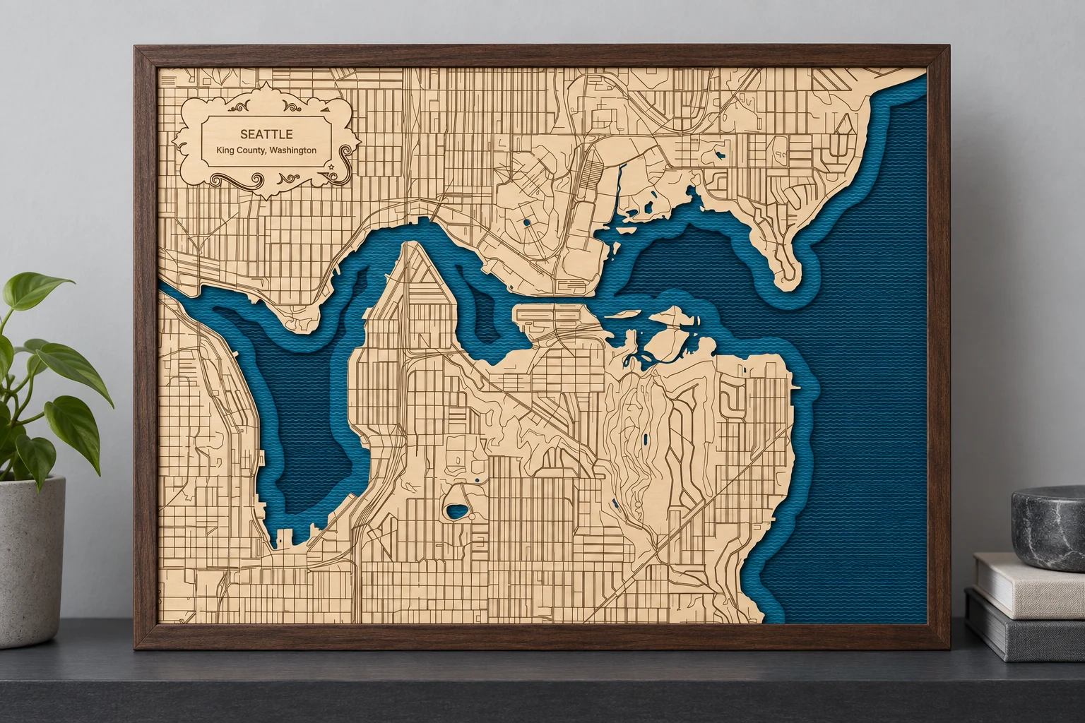 Simulated birch and blue wood finish of the Seattle Lake Union map on a shelf